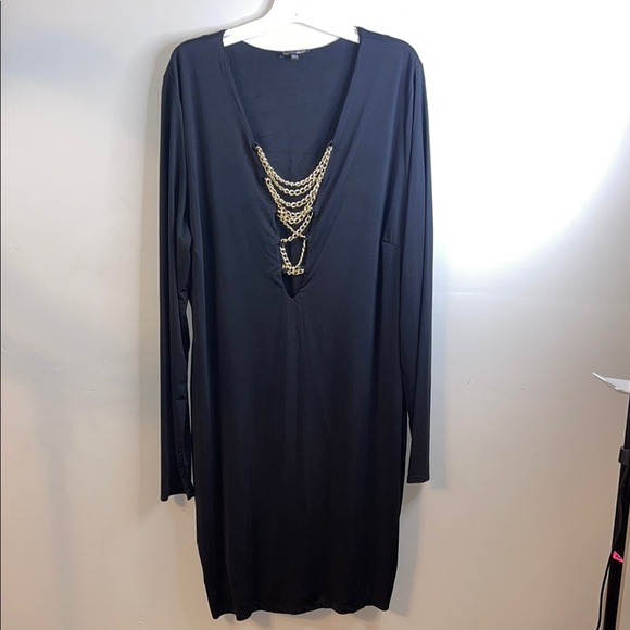 EUC Fashion Nova Black V-Neck Long Sleeve Dress With Gold accents Size 2X #162 - Picture 1 of 7